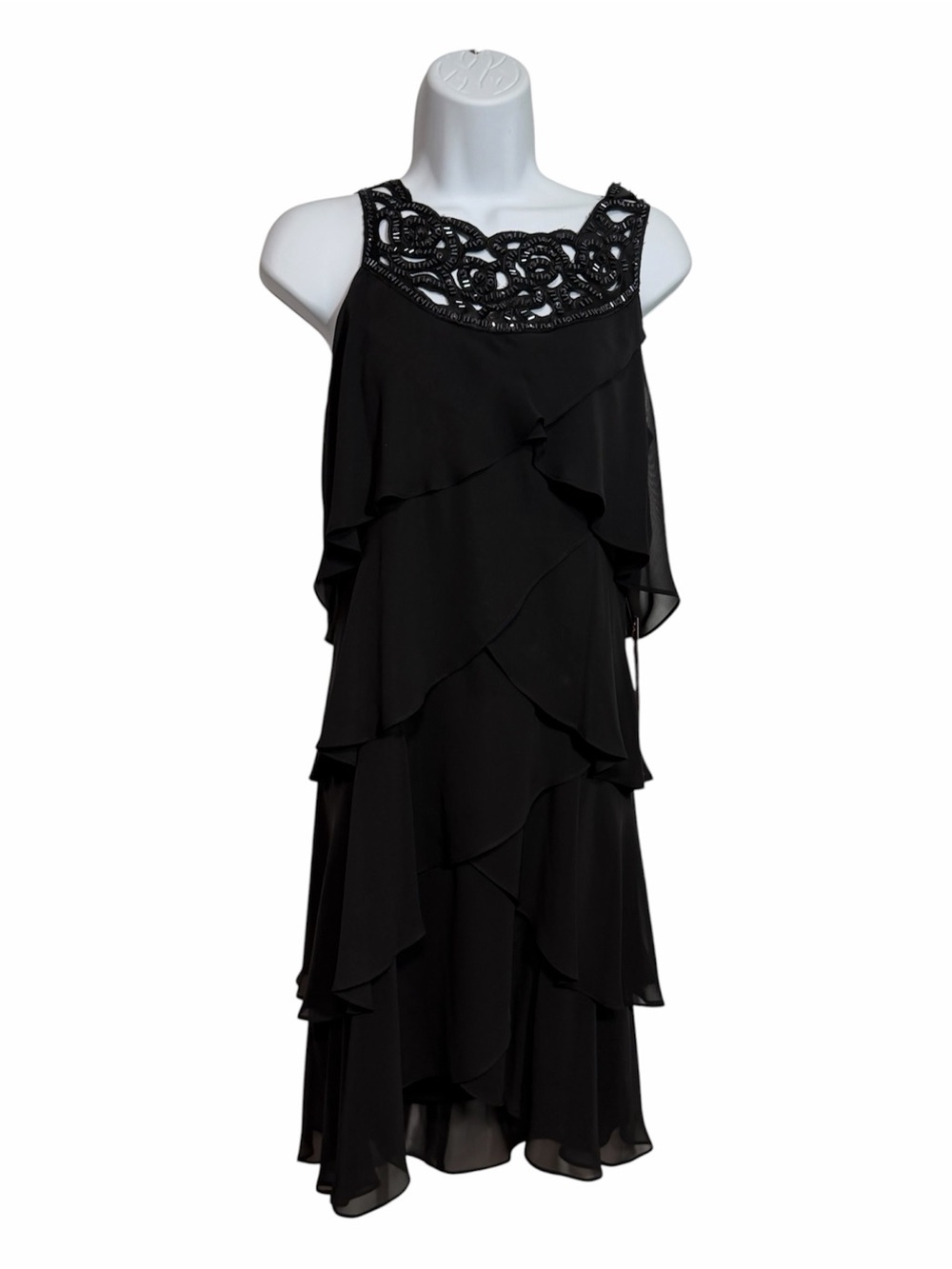 NWT Black Tiered Chiffon Cocktail Dress Beaded Neckline Size 6 SLNY Hoco Formal